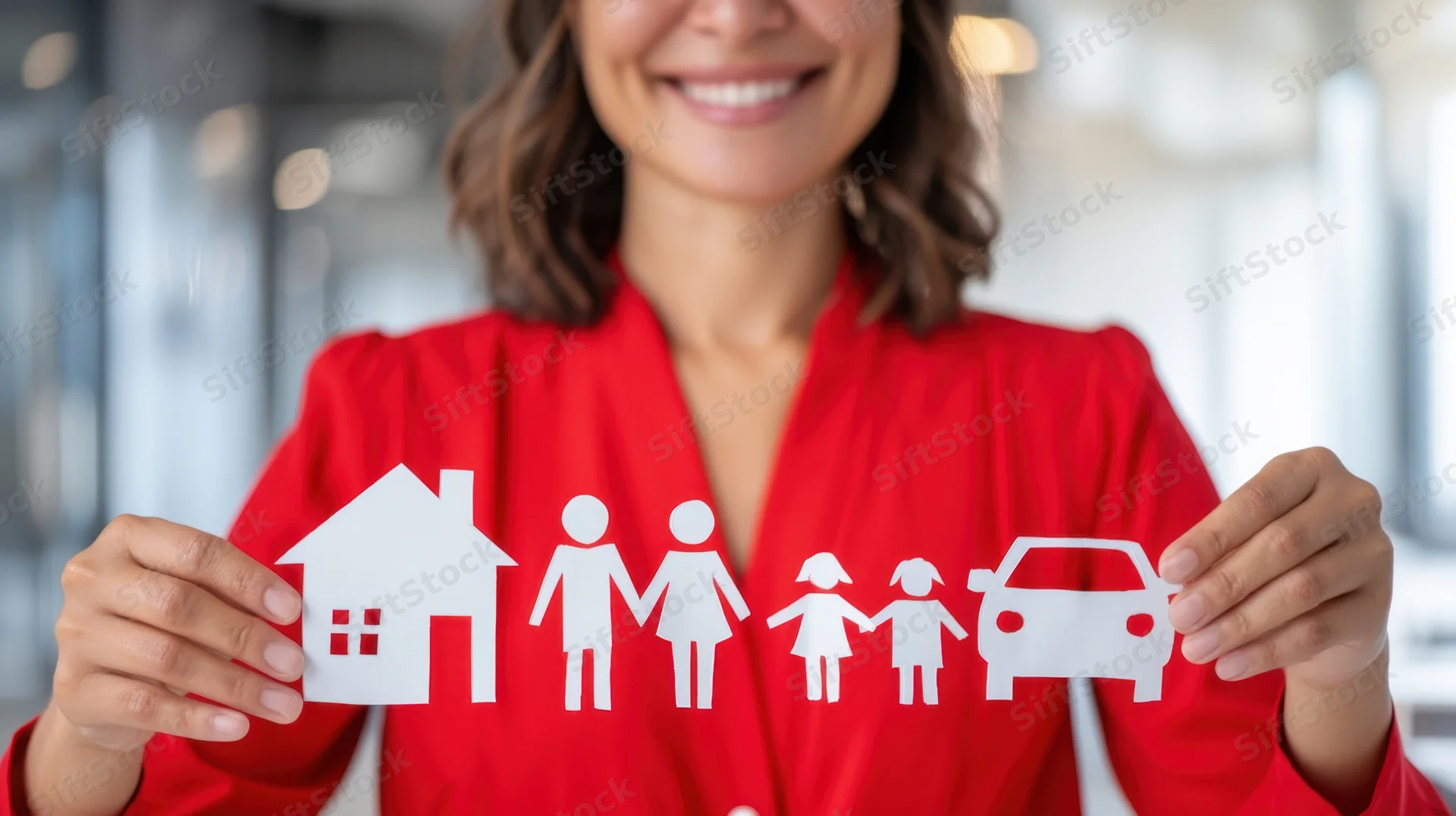 Woman holding paper cutouts of house family and car in office interior