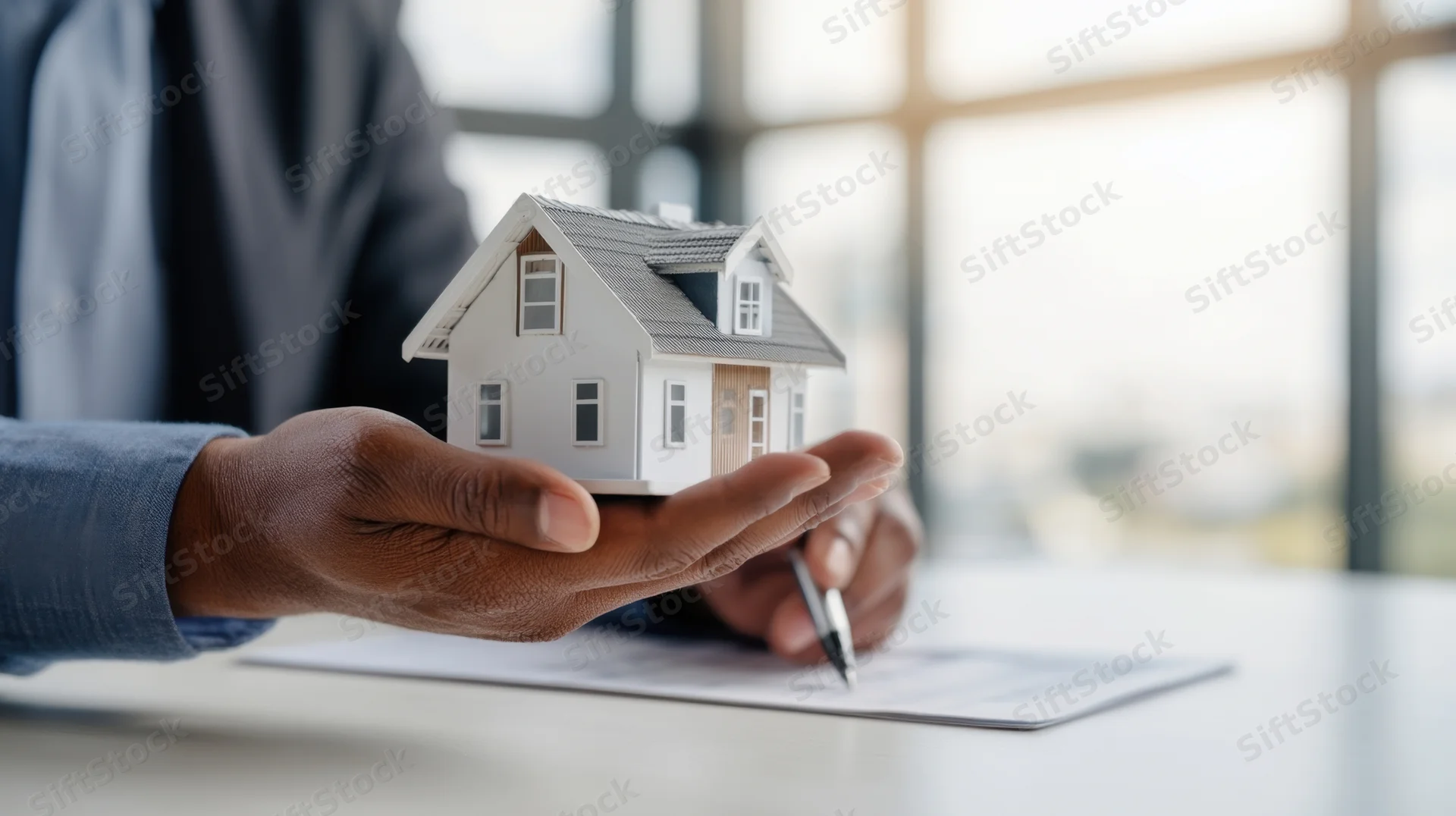 Man holding miniature house model over document with pen in office