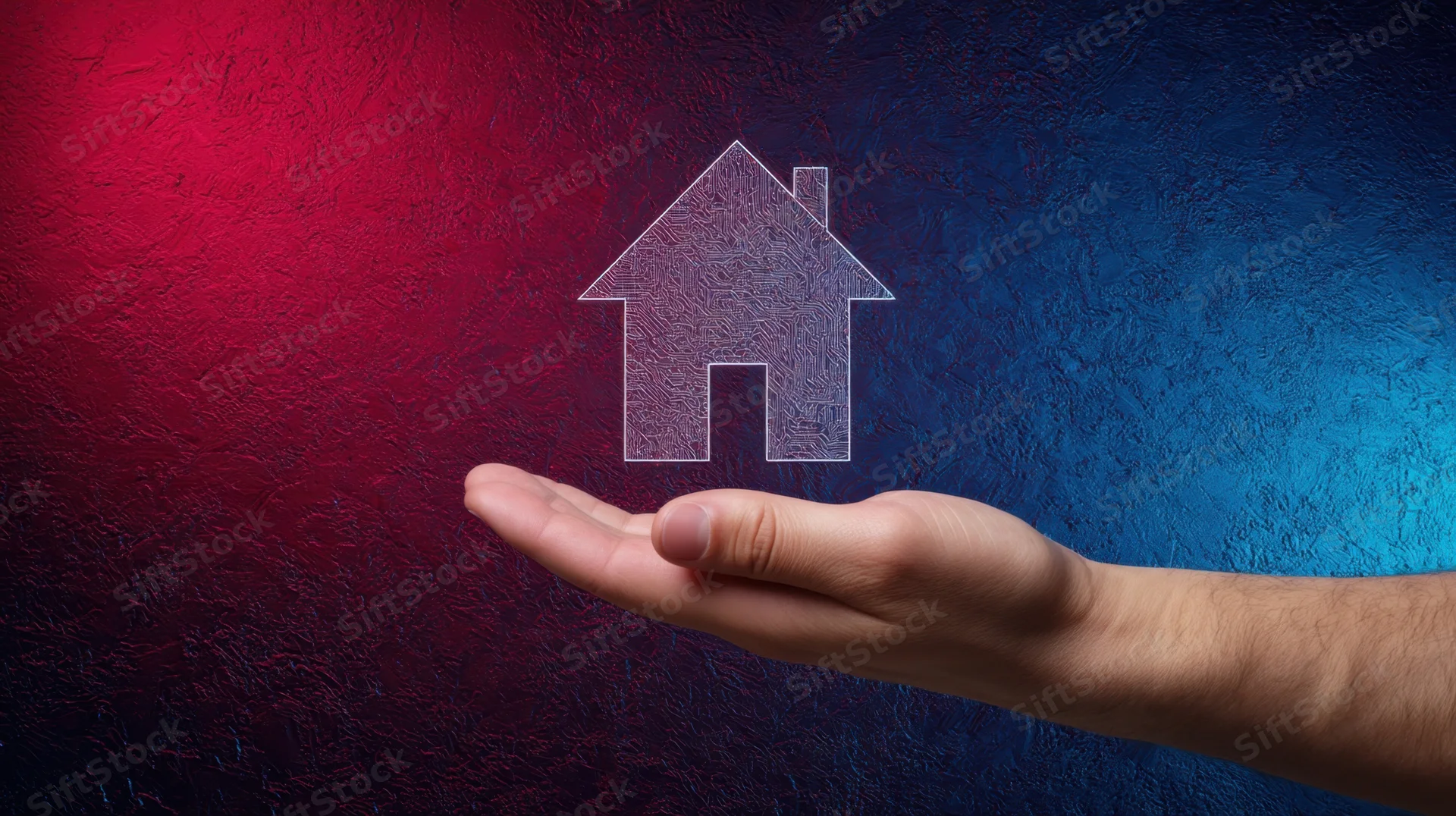 Hand holding a digital house icon with circuit pattern over red and blue textured background