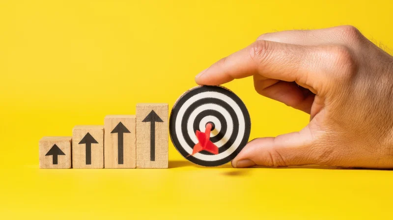Hand placing a target with red dart on a row of wooden blocks marked with upward arrows against a yellow background