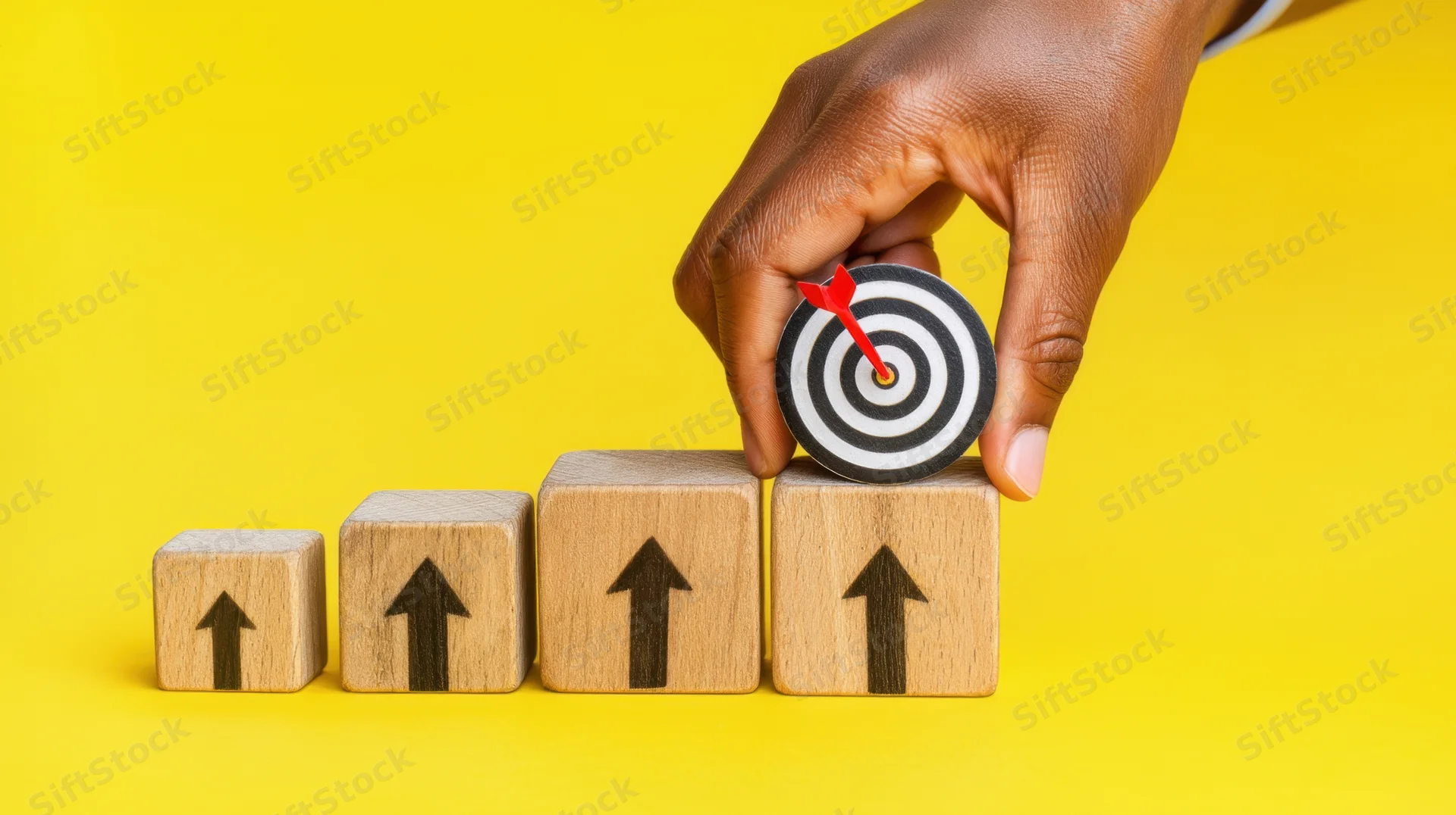 Hand placing target on top of ascending wooden blocks with arrows against yellow background