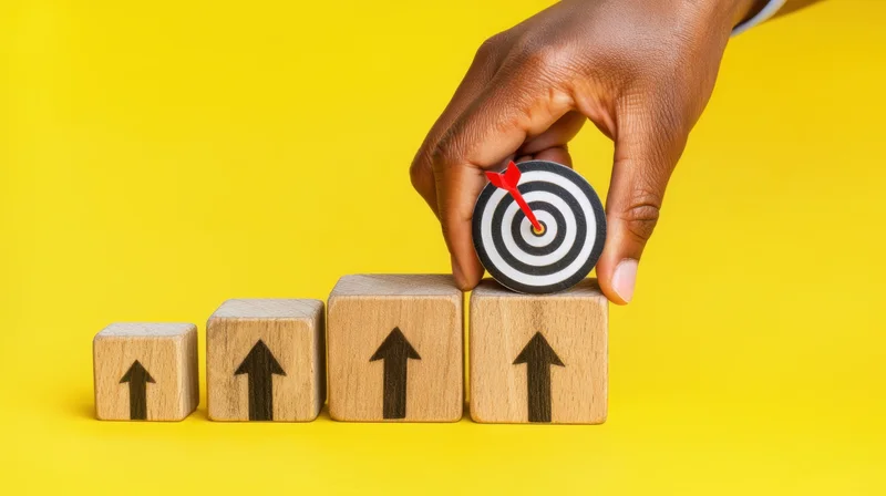 Hand placing target on top of ascending wooden blocks with arrows against yellow background