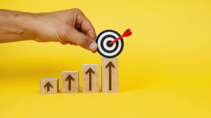 Hand placing a dart in a target atop a row of ascending wooden blocks with arrows, on a yellow background