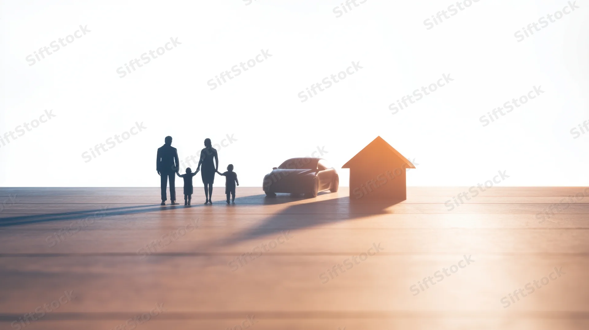 Silhouette of a family with a car and house model on a wooden floor in warm light