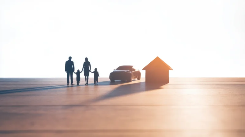 Silhouette of a family with a car and house model on a wooden floor in warm light