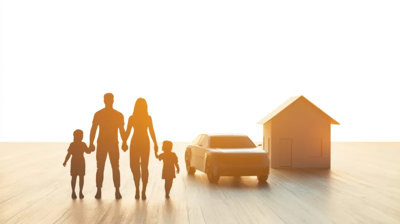 Silhouette of a family holding hands beside a car and house model on wooden floor