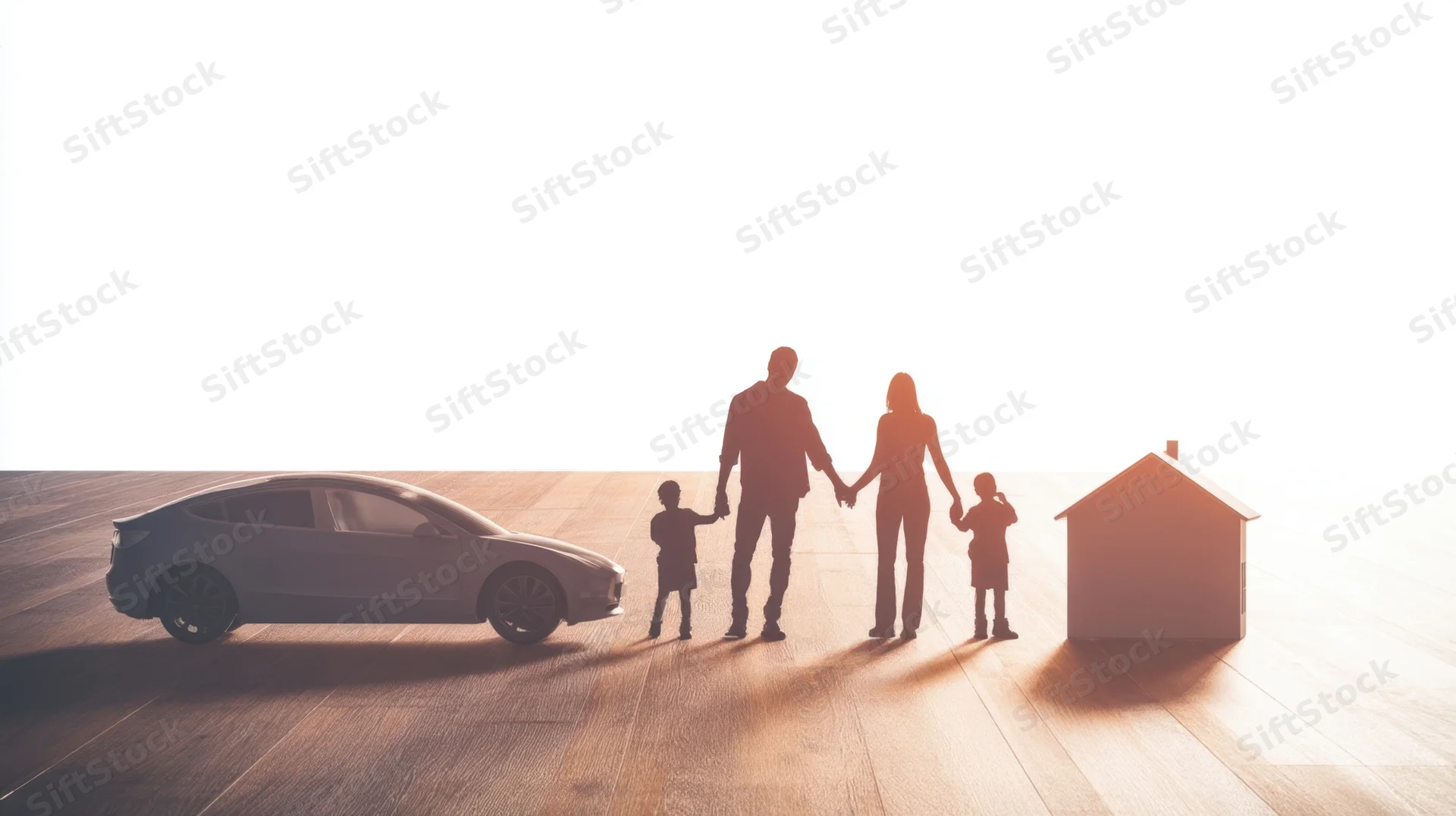 Silhouette of a family holding hands beside a car and a house on a wooden floor