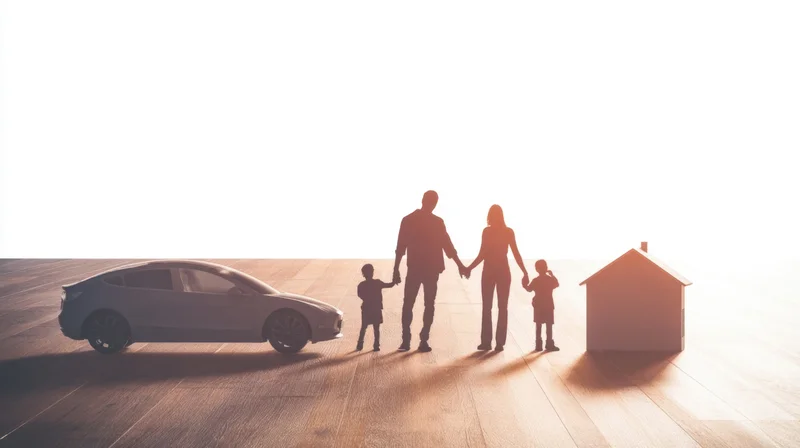 Silhouette of a family holding hands beside a car and a house on a wooden floor