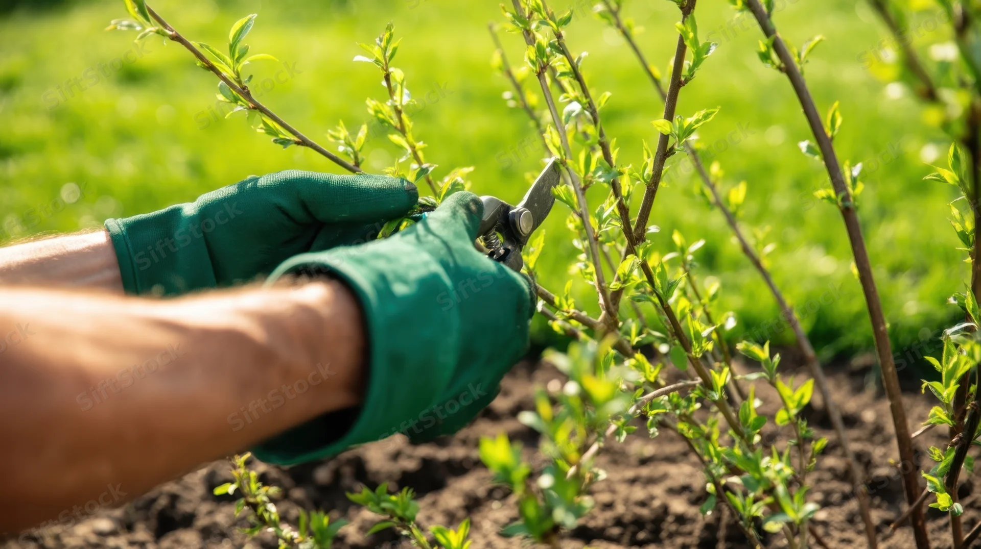 Hands in green gloves pruning a young shrub in a garden bed