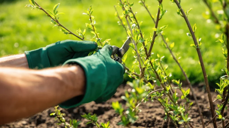 Hands in green gloves pruning a young shrub in a garden bed