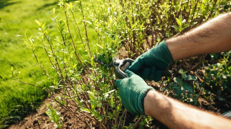 Hands in green gloves pruning a shrub in a garden with sunlight and grass in the background