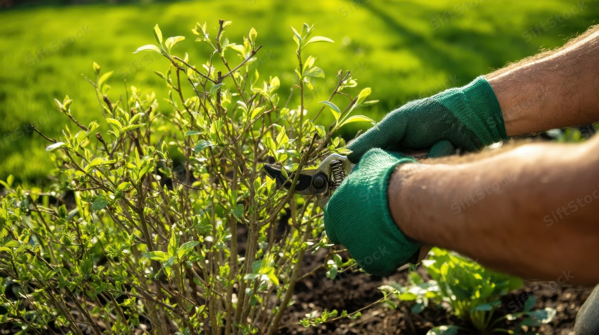 Hands in green gloves pruning a leafy shrub in a sunlit garden