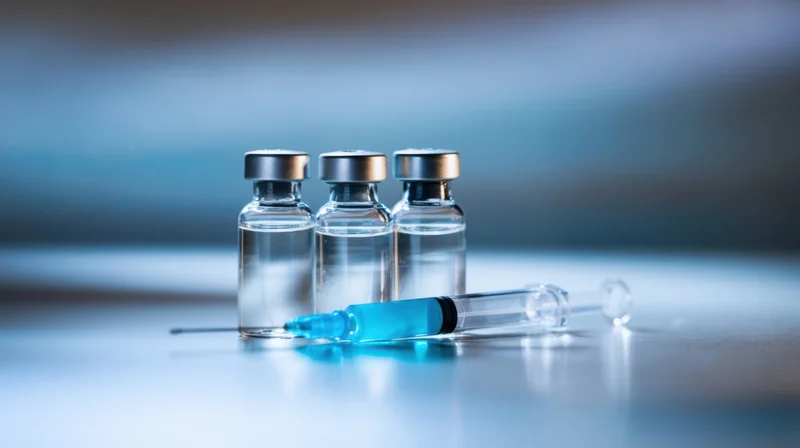 Three vaccine vials and a syringe on a reflective surface in a clinical setting
