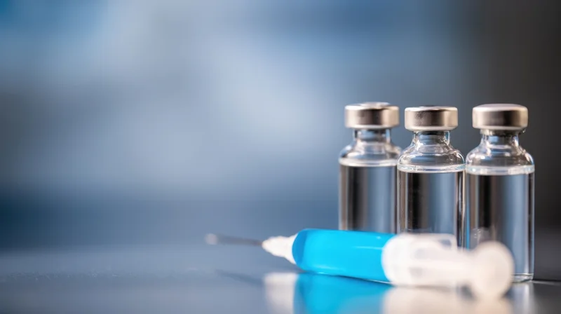 Three glass vaccine vials with a blue syringe on a reflective surface