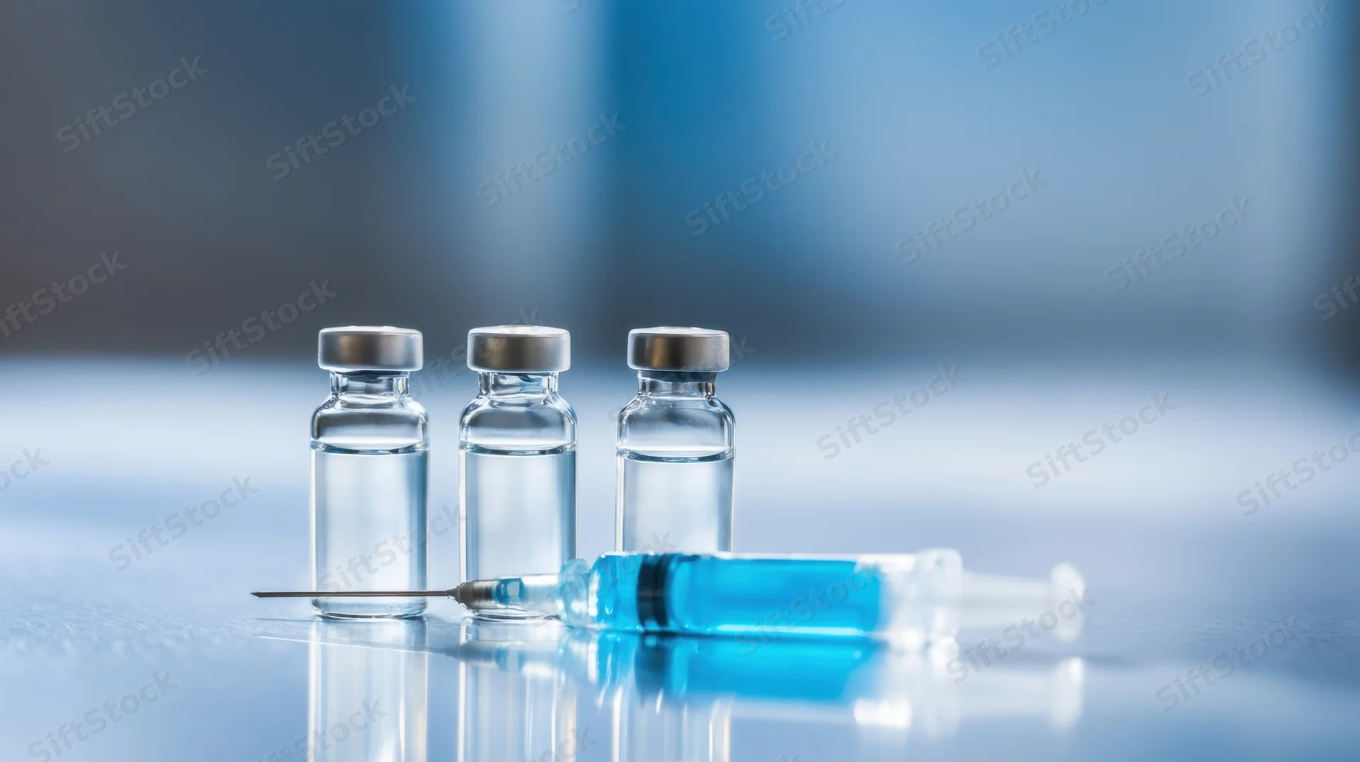 Three glass vials with blue liquid and a syringe on a reflective surface in a lab setting