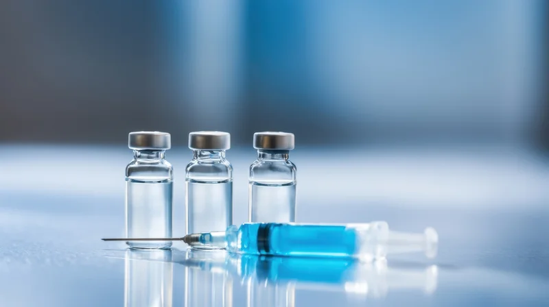Three glass vials with blue liquid and a syringe on a reflective surface in a lab setting