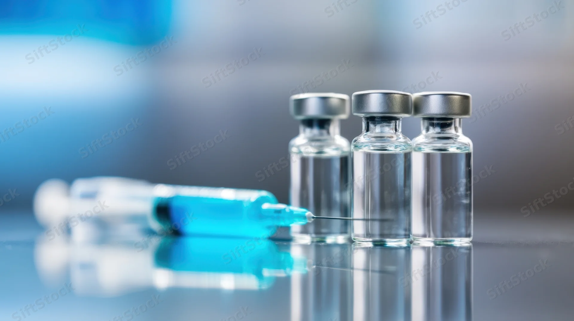 Three vaccine vials and a syringe on a reflective surface in a lab setting
