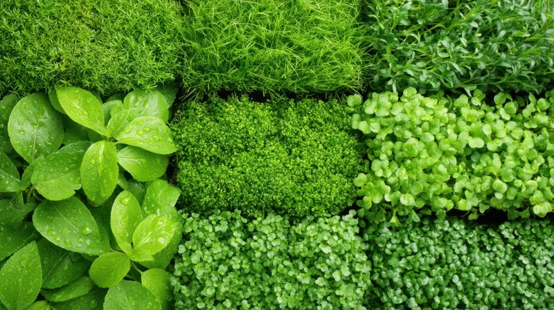 Closeup of various fresh green vegetables and herbs arranged in a grid pattern