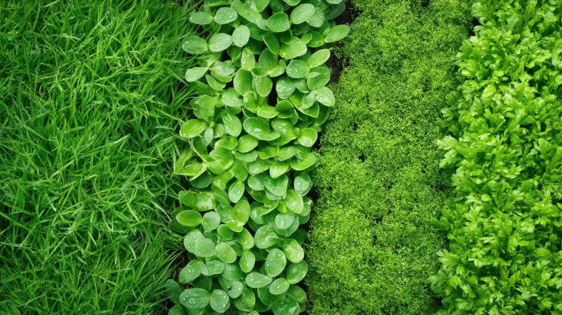 Closeup of four different green plant textures arranged side by side in a garden setting