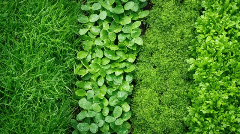Closeup of four different green plant textures arranged side by side in a garden setting