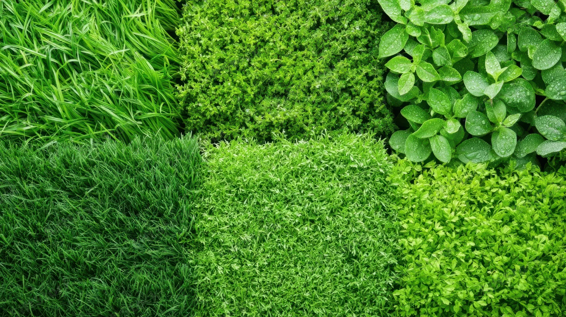 Close-up of various green plants arranged in sections showing different textures and types of foliage