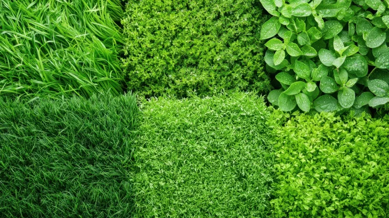 Close-up of various green plants arranged in sections showing different textures and types of foliage