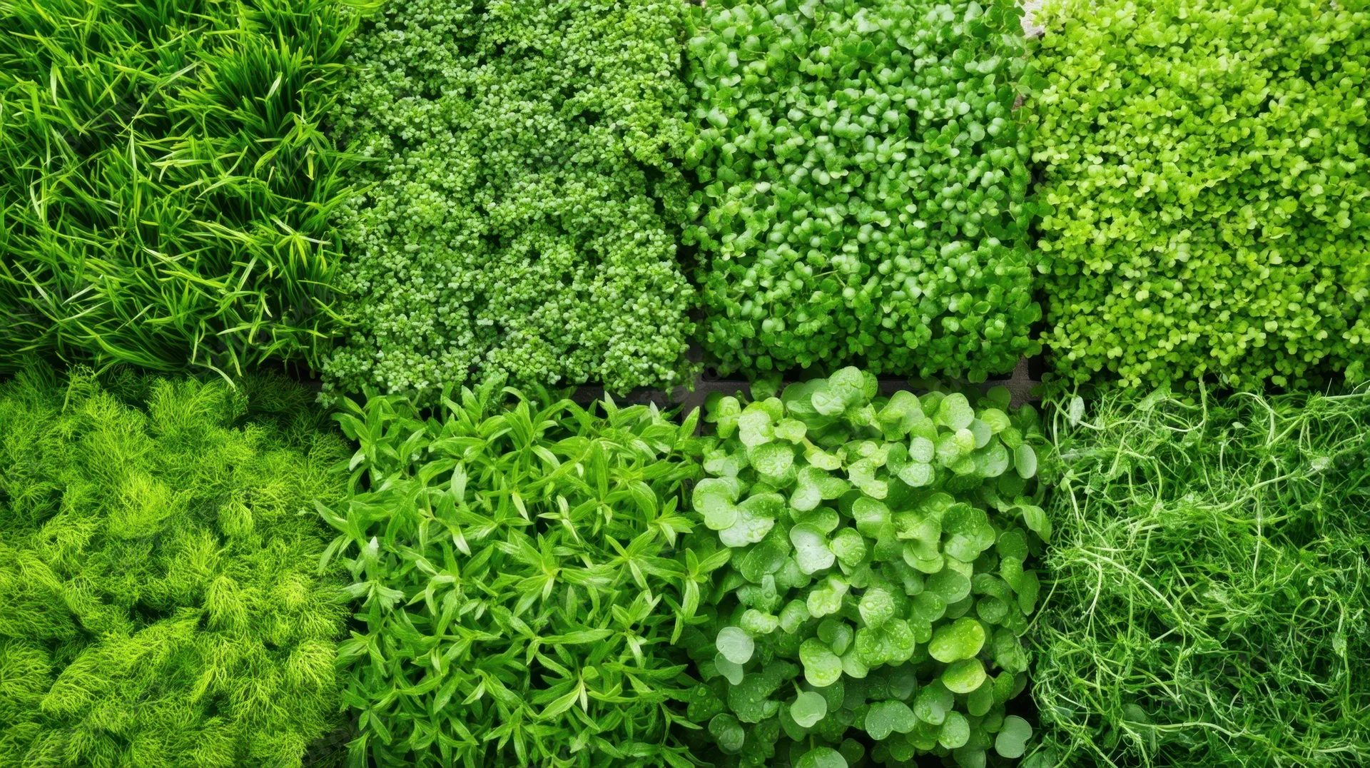 Close-up of various microgreens growing in trays arranged in a grid pattern