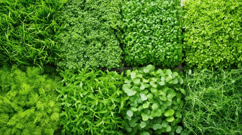 Close-up of various microgreens growing in trays arranged in a grid pattern