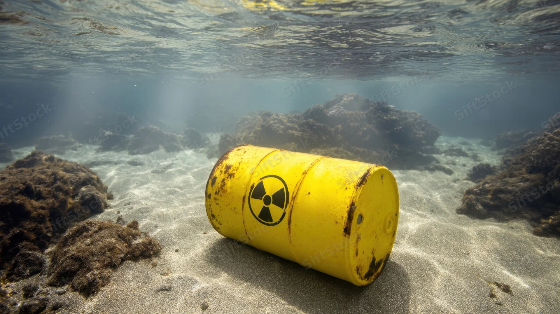 Yellow radioactive barrel resting on sandy ocean floor near coral formations
