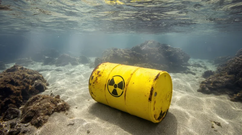 Yellow radioactive barrel resting on sandy ocean floor near coral formations