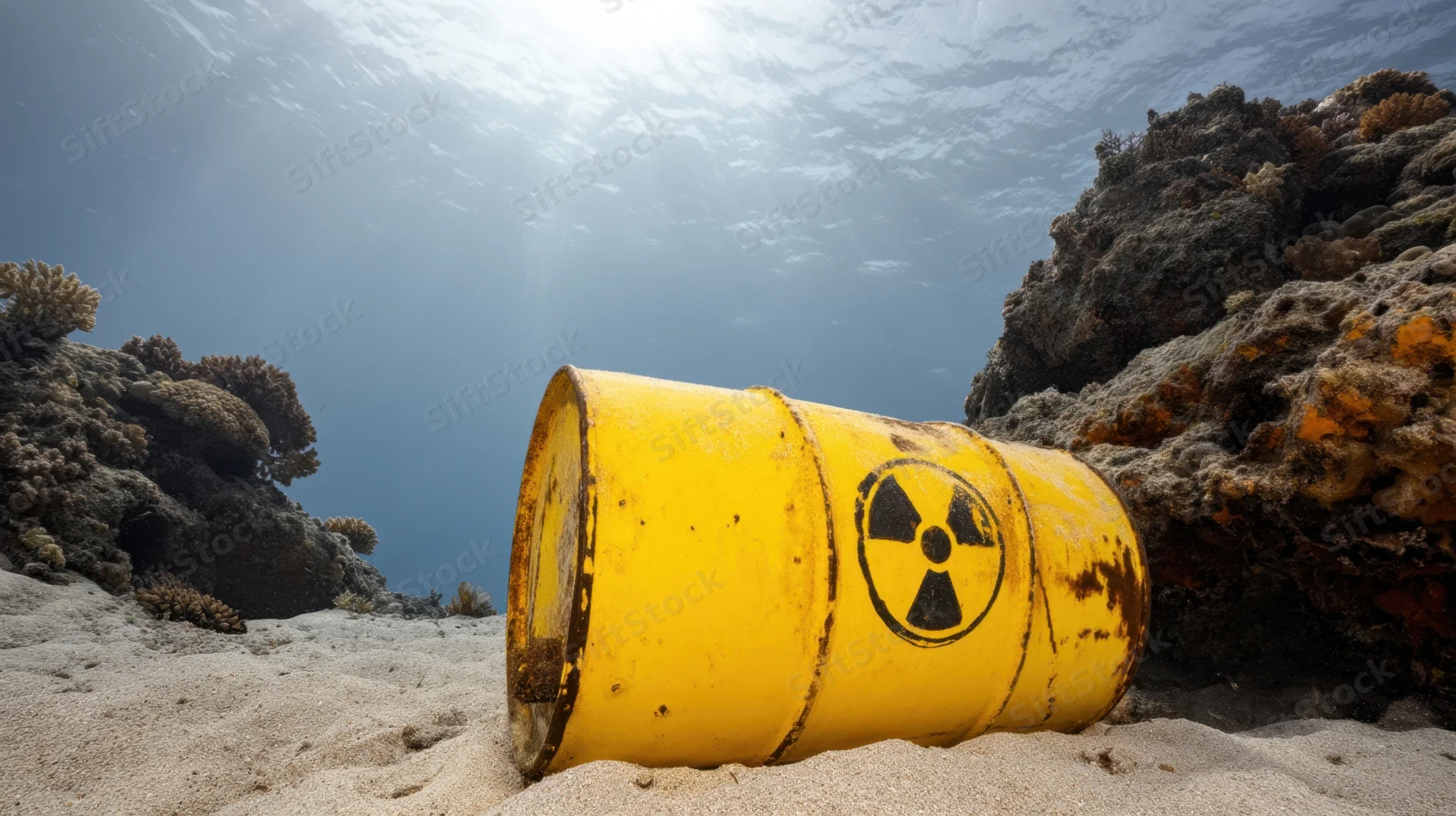 Yellow radioactive barrel resting on sandy ocean floor near coral reef