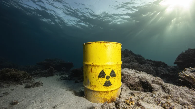 Yellow radioactive barrel resting on ocean floor among coral reef with sunbeams filtering through water