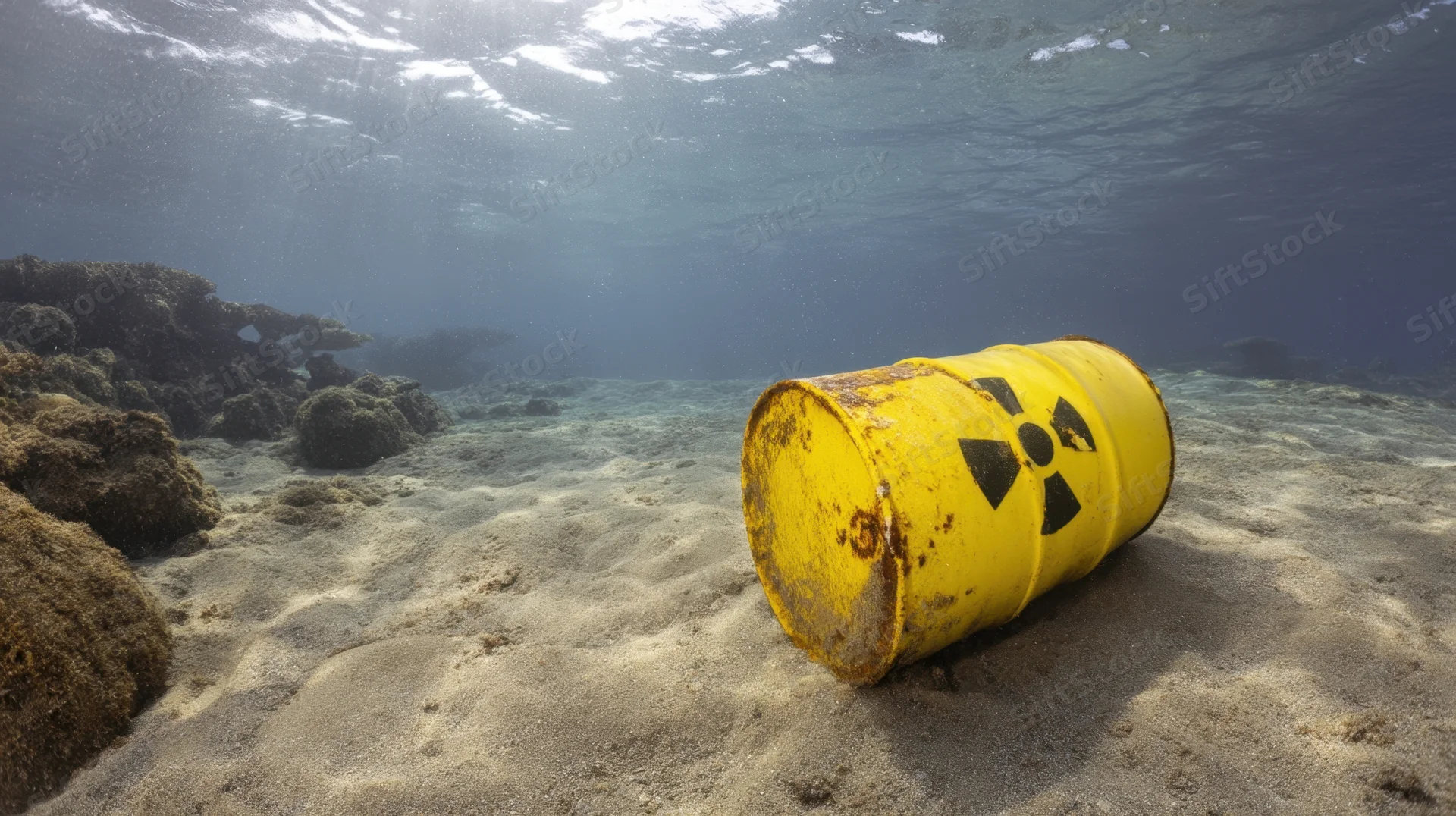Yellow radioactive waste barrel resting on sandy ocean floor near coral formations