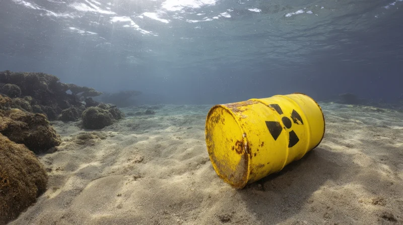 Yellow radioactive waste barrel resting on sandy ocean floor near coral formations