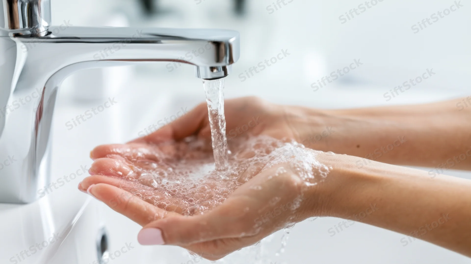 Woman's hands cupped under running water from a chrome faucet in a bathroom sink