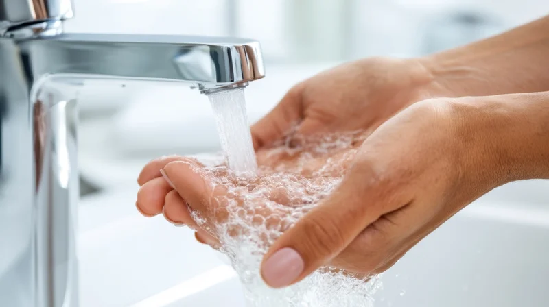 Hands cupped under running water from a chrome faucet in a bathroom sink
