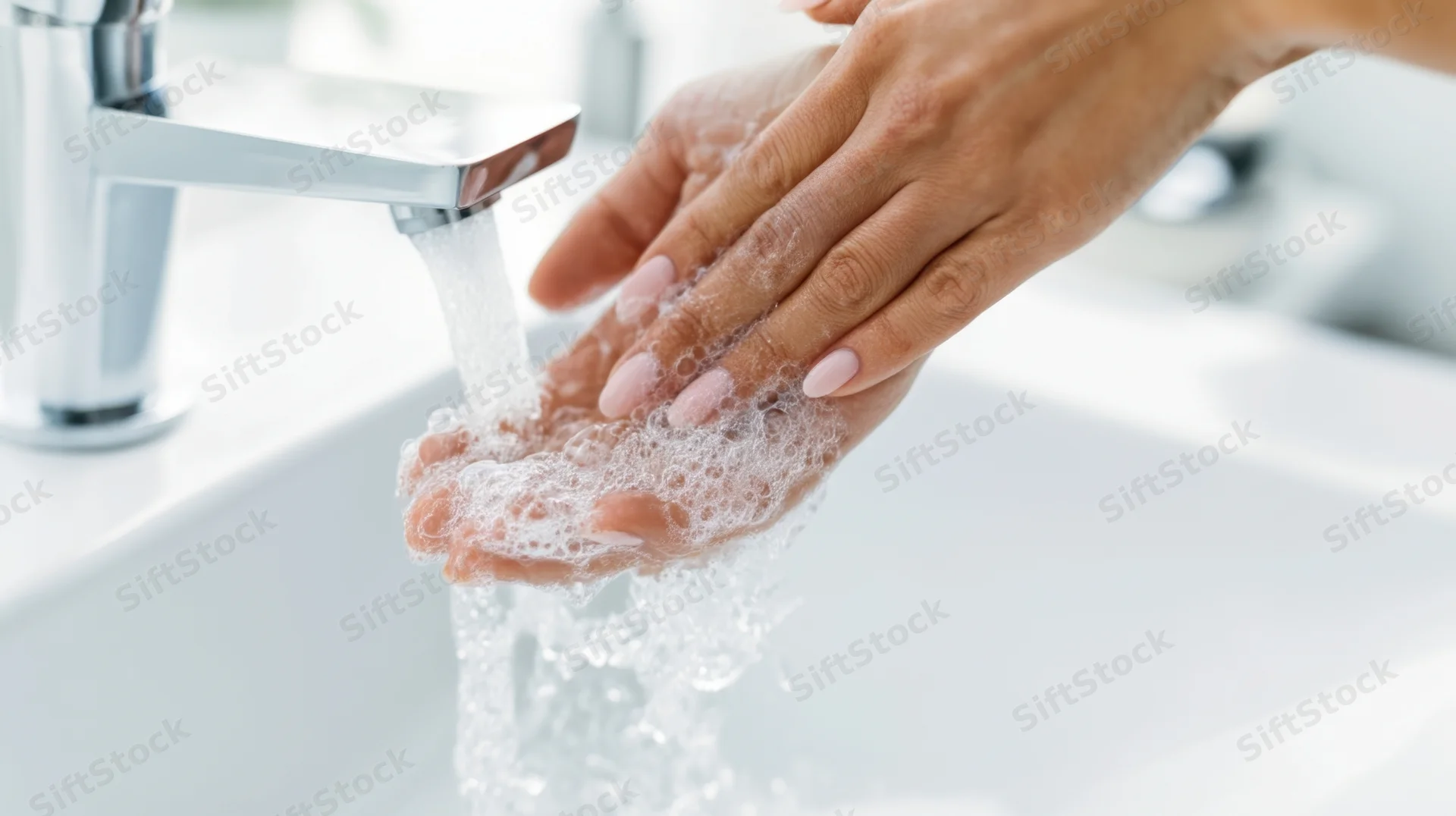 Woman washing hands with soap and water under faucet in bathroom sink