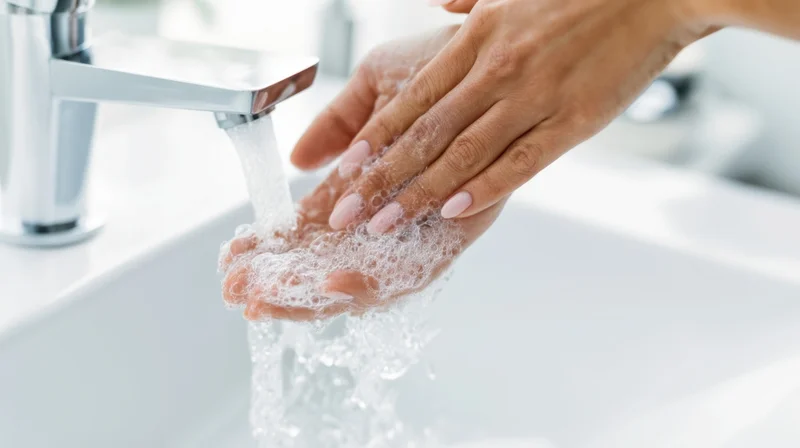Woman washing hands with soap and water under faucet in bathroom sink