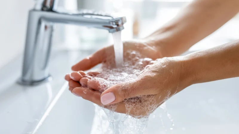 Woman washing hands with soapy water under running faucet in bathroom sink