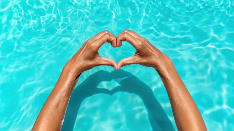 Woman's hands forming heart shape in swimming pool water