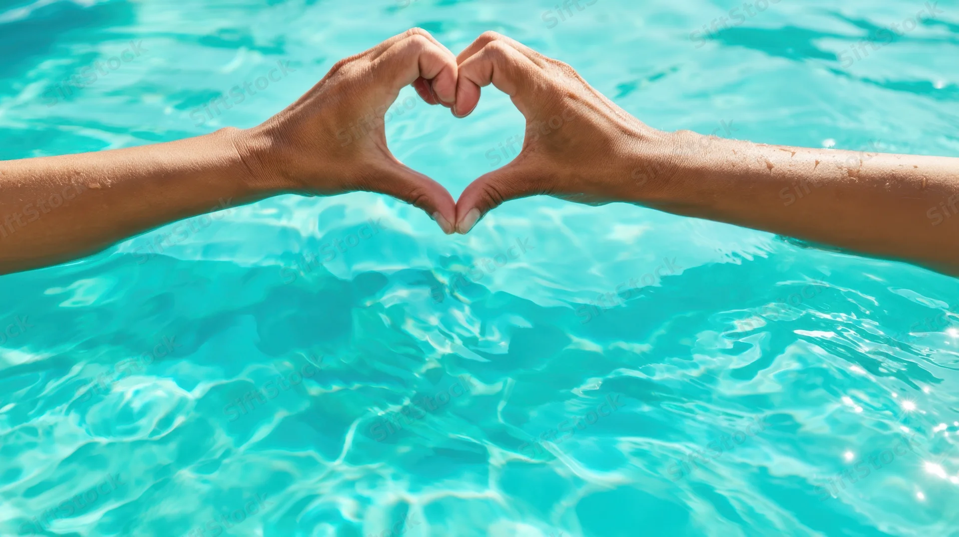 Hands forming heart shape over clear turquoise pool water