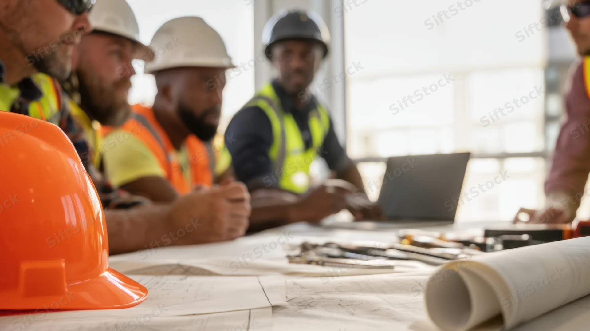 Construction workers in a planning meeting at a workshop table with blueprints and tools
