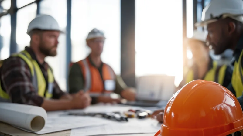 Construction workers in a meeting discussing blueprints at a conference table in an office setting