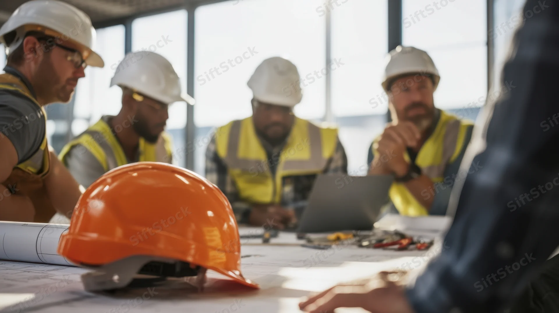 Construction engineers in a meeting at a site office reviewing blueprints and plans on a table with hardhats and tools nearby