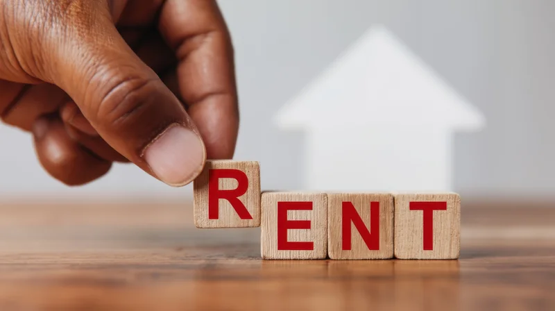 Hand placing wooden block with red letter r to spell rent on wooden table with white house shape in background