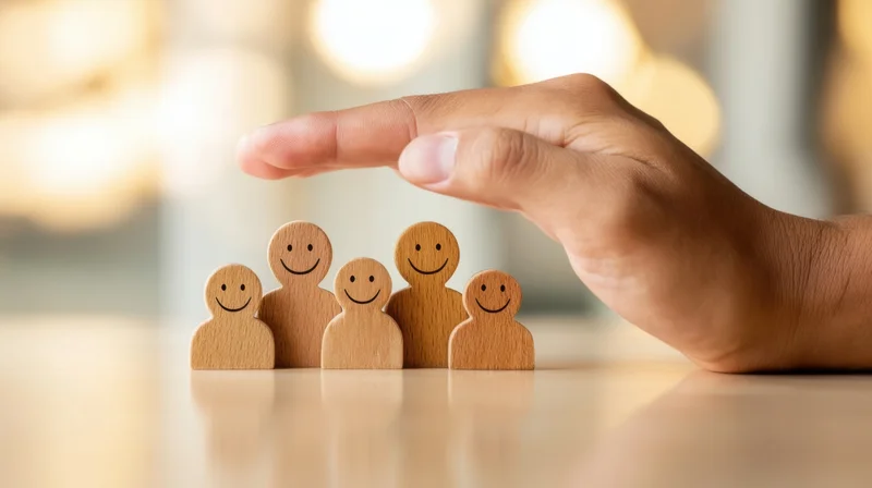 Hand shielding wooden family figurines on a table