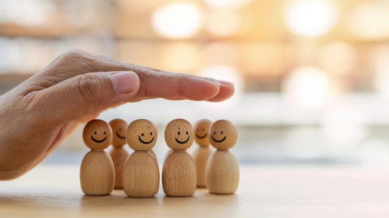 Hand shielding a group of smiling wooden figurines on a table