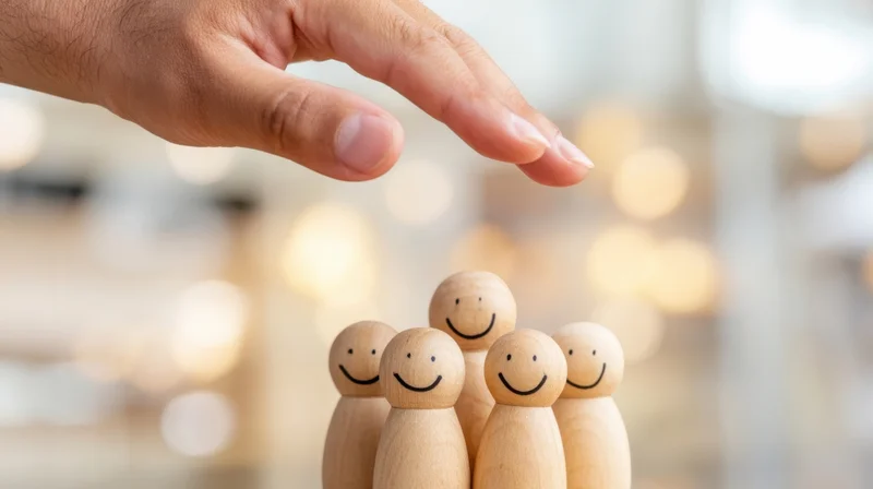 Hand selecting wooden figurines representing a team in an office setting