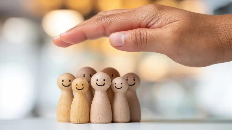 Hand hovering over a group of smiling wooden figurines on a table