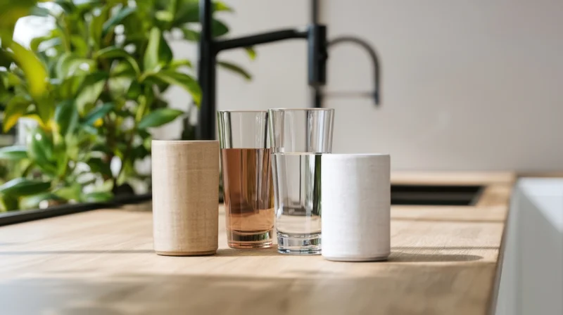 Two glasses of water and two cups on a wooden kitchen countertop with a plant and faucet in the background